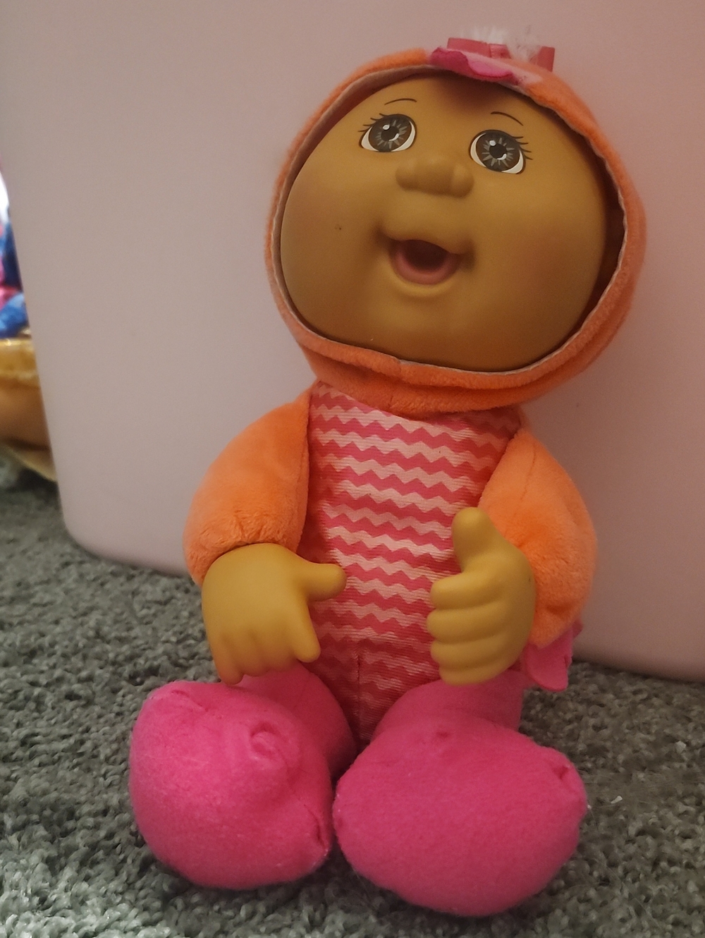 Plush Baby Doll in Orange Hood and Pink Chevron Outfit